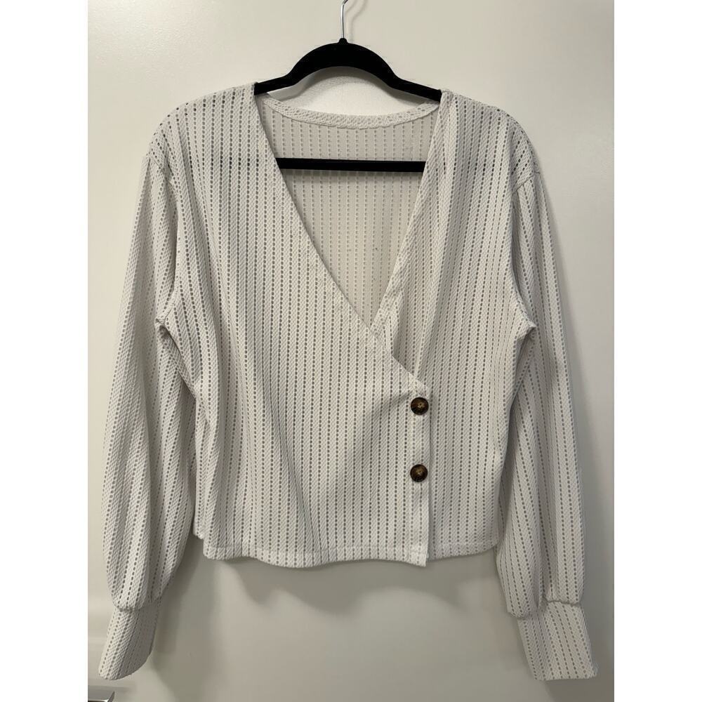 White Crochet Boxy Long Sleeve Cotton Blend Large V Neck Top